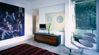 A view of the master bedroom, concrete flooring, ceiling, interior design, living room, room, wall, gray