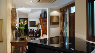 view of the black grand piano - view ceiling, interior design, keyboard, living room, musical instrument, piano, player piano, room, gray, black