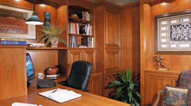 Room with timber desk, shelving, cabinetry and wall cabinetry, ceiling, furniture, interior design, room, brown