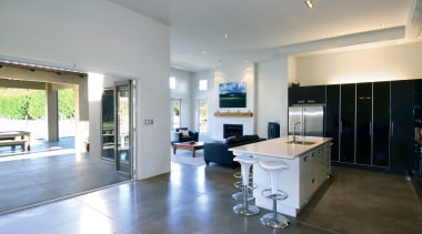 Large open plan kitchen area with white and architecture, countertop, estate, floor, flooring, home, house, interior design, kitchen, living room, property, real estate, room, wood flooring, gray