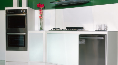 White kitchen cabinetry with stainless steel wall ovens, countertop, furniture, home appliance, kitchen, kitchen stove, major appliance, product, product design, shelving, white