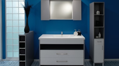 A view of a bathrom designed by Vogue bathroom, bathroom accessory, bathroom cabinet, product, product design, room, sink, blue, gray