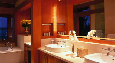 view of this bathroomvanity featuring cherry wood cabintery, bathroom, cabinetry, ceiling, countertop, interior design, kitchen, lighting, room, red