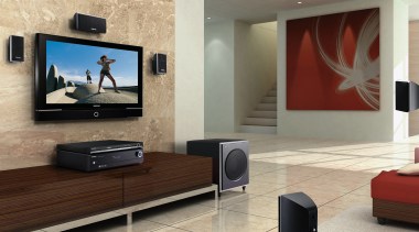 Lounge room with plasma tv on wall, with flat panel display, floor, flooring, interior design, living room, room, television, wall, orange