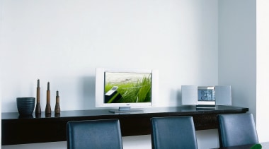 Dining room with dark dining table and chairs, desk, furniture, interior design, living room, office, product design, table, white