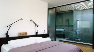 view of this master bedroom featuring timber flooring architecture, bed frame, bedroom, ceiling, interior design, real estate, room, suite, wall, white, gray