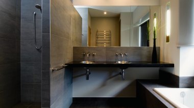 A view of a bathroom by NKBA. - architecture, bathroom, countertop, floor, interior design, kitchen, room, sink, black