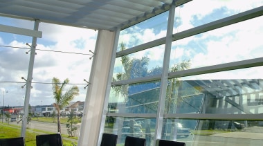 View of boardroom with table and chairs, and architecture, daylighting, glass, interior design, roof, window, gray