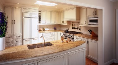 view of the kitchen featuring limestone countertop, timber cabinetry, countertop, cuisine classique, home, interior design, kitchen, room, gray