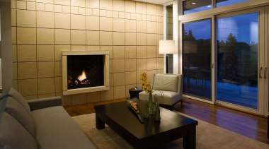view of this lounge featuring home automation products ceiling, fireplace, floor, flooring, hearth, interior design, living room, lobby, real estate, room, wall, wood flooring, brown