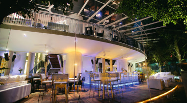 An exterior view of the restaurants exterior dining lighting, restaurant, black