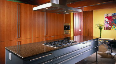 view of the new kitchen featuring cherry veneer cabinetry, ceiling, countertop, interior design, kitchen, brown, black