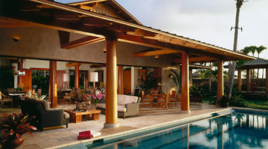 view of the outdoor entertaining area featuring  estate, hacienda, home, house, leisure, outdoor structure, patio, property, real estate, resort, swimming pool, villa, brown