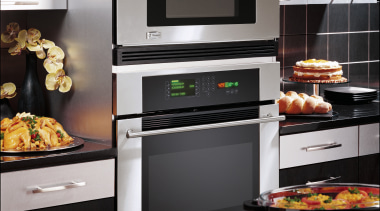 A view of  GE Monogram wall oven. countertop, gas stove, home appliance, kitchen, kitchen appliance, kitchen stove, major appliance, microwave oven, oven, black, gray