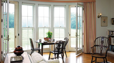 A view of the living and dining areas, ceiling, curtain, dining room, door, home, interior design, living room, real estate, room, window, window covering, window treatment, white, gray