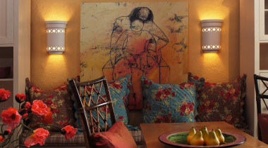 A view of some lighting from Fabby Lighting. art, dining room, home, house, interior design, living room, modern art, painting, room, wall, brown, red