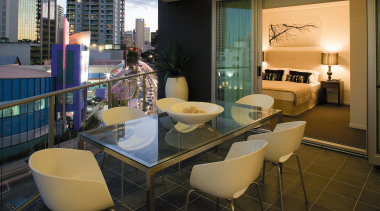 view of the exterior balcony of the HUB apartment, interior design, living room, real estate, room, table, brown