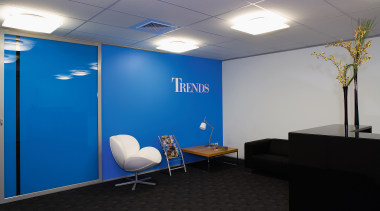 A view of the Trends Building. - A blue, ceiling, conference hall, interior design, office, gray, black