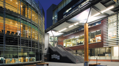 An exterior view of the Waitakere Civic Centre. architecture, building, commercial building, convention center, corporate headquarters, facade, headquarters, metropolis, metropolitan area, mixed use, structure, black