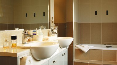 Bathroom with white vanity and basin, glass shower bathroom, bathroom cabinet, cabinetry, countertop, floor, home, interior design, room, sink, tile, brown