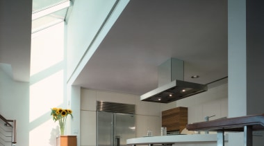 View of the kitchen featuring stainless steel sub-zero architecture, ceiling, daylighting, glass, house, interior design, loft, gray, black