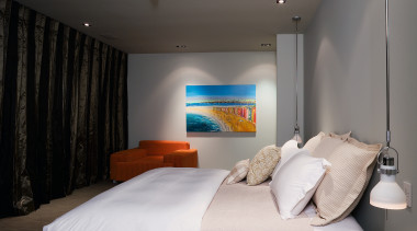 High end apartment.  Inner-city apartments. Bedroom architecture, bed, bed frame, bedroom, ceiling, home, interior design, property, real estate, room, suite, wall, gray, black