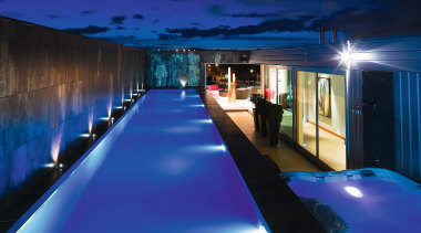 High end apartment.  Inner-city apartments. - High architecture, blue, leisure, light, lighting, reflection, sky, swimming pool, water, blue