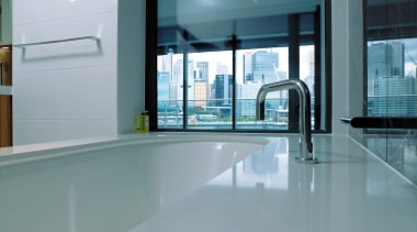 A view of some bathroom ware from Bathe. architecture, daylighting, floor, flooring, glass, interior design, property, real estate, tile, window, gray