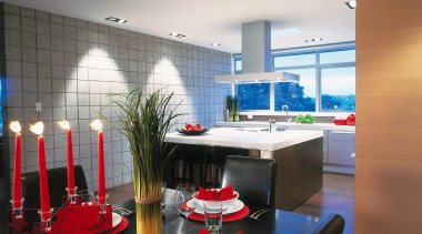 view of the open plan kitchen an dining ceiling, interior design, table