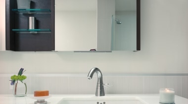 View of bathroom with white vanity top, and bathroom, bathroom accessory, bathroom cabinet, bathroom sink, glass, interior design, product design, sink, tap, gray