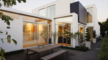 Exterior view of this Architectural Designers NZ inc architecture, courtyard, facade, home, house, interior design, property, real estate, white, black