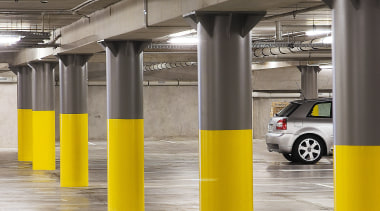 A view of the AirNZ building. - A parking, yellow, gray, black