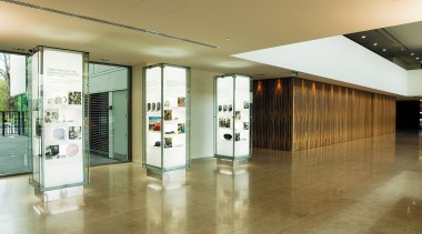 A view of the AirNZ building. - A architecture, ceiling, floor, flooring, glass, interior design, lobby, brown, white