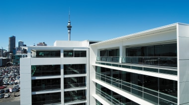 A view of the AirNZ building. - A architecture, building, city, condominium, corporate headquarters, sky, teal, black