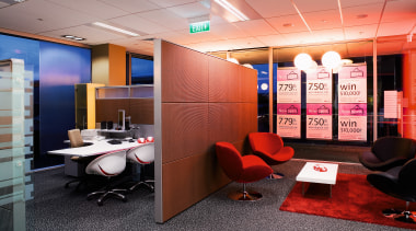 An interior view of the bank, carpet, red ceiling, interior design, office