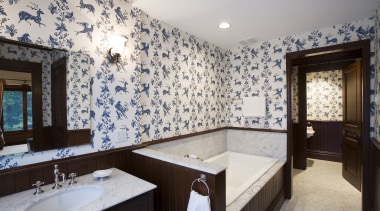 A view of a bathroom, tiled floor, wallpaper architecture, bathroom, ceiling, estate, home, interior design, property, real estate, room, suite, wall, gray, black