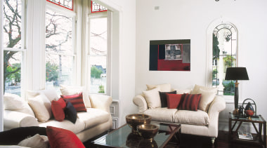 A view of the formal living area, wooden ceiling, couch, furniture, home, interior design, living room, property, room, wall, window, white