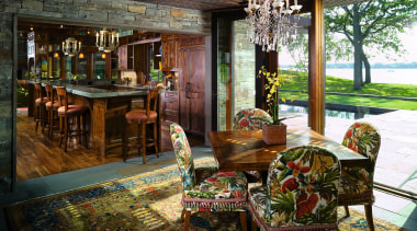 A view of the dining area, wooden flooring, home, interior design, living room, outdoor structure, patio, brown, black