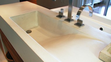 view of this contemporary concrete sink from Dex bathroom, bathroom sink, countertop, floor, plumbing fixture, product design, sink, tap, white