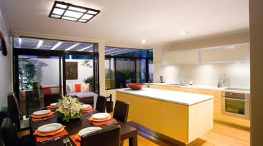 View of the formal dining area in this interior design, kitchen, real estate, white