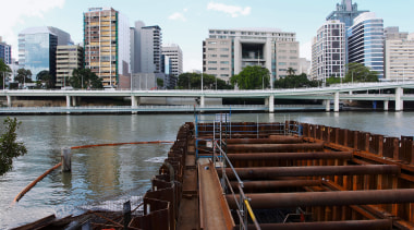 A view of the Milenium Arts Project. - body of water, bridge, building, city, cityscape, condominium, dock, downtown, metropolis, metropolitan area, reflection, river, sky, skyline, skyscraper, tower block, urban area, water, waterway, black, white