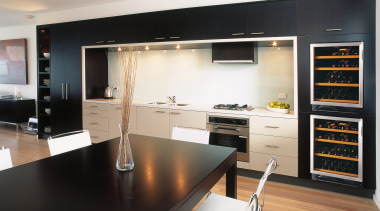 A view of a wine cabinet from Transtherm. cabinetry, countertop, interior design, kitchen, room, black, white