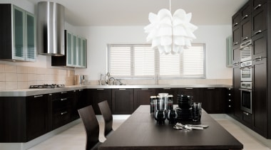 View of this modern kitchen designed and manufactured cabinetry, countertop, cuisine classique, interior design, kitchen, room, gray, black