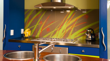 view of this kitchen featuring walnut and stainless countertop, furniture, interior design, kitchen, room, table, brown