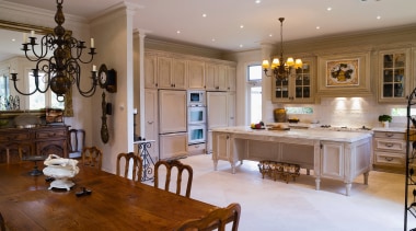 A view of the kitchen and dining areas, countertop, cuisine classique, dining room, estate, floor, flooring, home, interior design, kitchen, living room, real estate, room, brown, gray