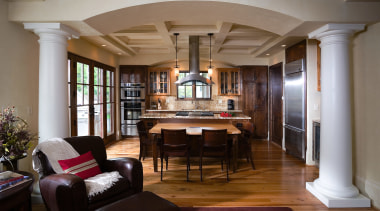 A view of the kitchen feauting recalimed timber ceiling, column, furniture, interior design, living room, lobby, room, brown, gray