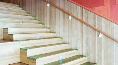 A view of some wooden flooring by Northern architecture, daylighting, floor, flooring, handrail, hardwood, house, interior design, stairs, wall, wood, white, red