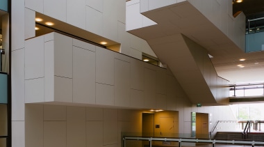 A view of some wallcoverings by A.F Sarri. apartment, architecture, building, condominium, daylighting, glass, interior design, lobby, gray, brown