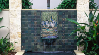 View of water feature in garden patio, with backyard, courtyard, garden, landscaping, outdoor structure, tree, walkway, water feature, yard, white, black