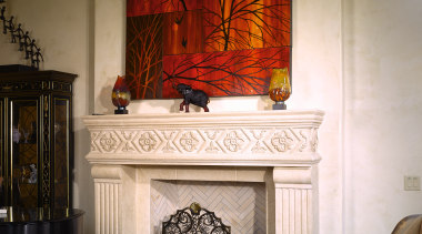 View of custom designed Scagliola stone   ceiling, fireplace, hearth, home, interior design, living room, room, wall, window, brown